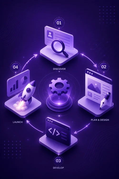 Website design and development process illustration with purple tech workflow